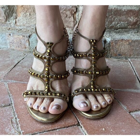 Jimmy Choo Gold Metallic Leather And Jewel Embellished Strappy Sandals - Picture 8 of 12